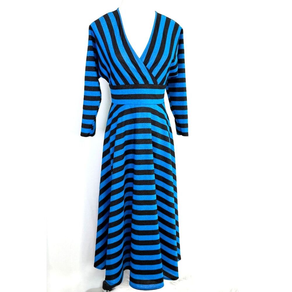 Plenty by Tracey Reese | Blue Black Metallic Striped Maxi Dress | Sz S